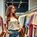 Woman browsing colorful clothing racks in modern fashion retail store, wearing casual chic outfit, natural lighting, shopping bags visible, diverse merchandise in background