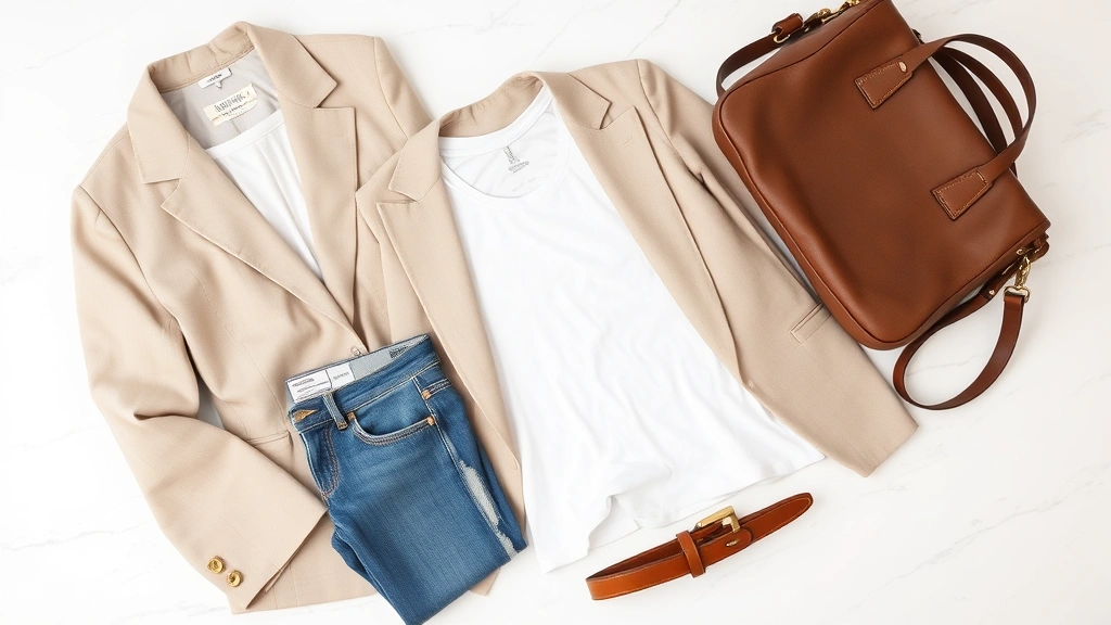 Flat lay of coordinated fashion essentials including neutral blazer, white t-shirt, quality jeans, leather belt, and classic handbag on white marble surface
