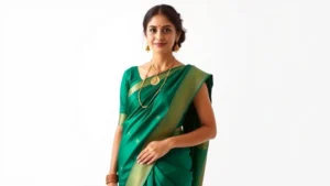 A woman in an elegant emerald green silk saree with gold temple jewelry, standing confidently against a minimalist white backdrop, natural lighting highlighting the fabric's sheen and embroidery details, professional fashion photography style
