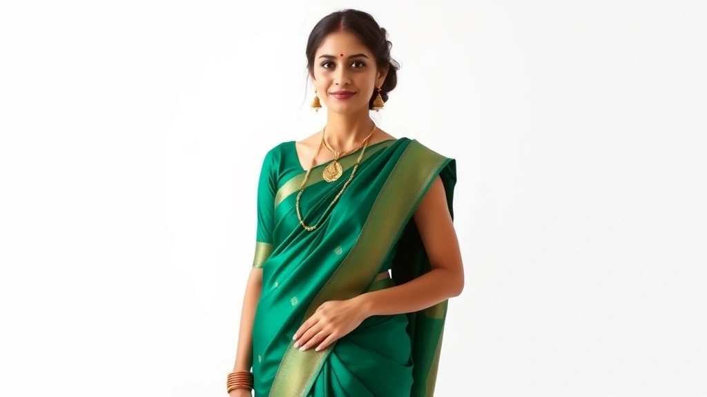 A woman in an elegant emerald green silk saree with gold temple jewelry, standing confidently against a minimalist white backdrop, natural lighting highlighting the fabric's sheen and embroidery details, professional fashion photography style