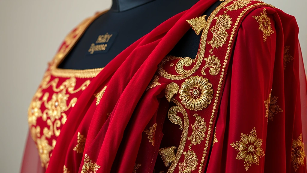 Close-up detail shot of exquisitely embroidered lehenga choli in rich burgundy with gold zari work, draped beautifully on a dress form, showing intricate craftsmanship and textile details, studio lighting, high-resolution fashion editorial style