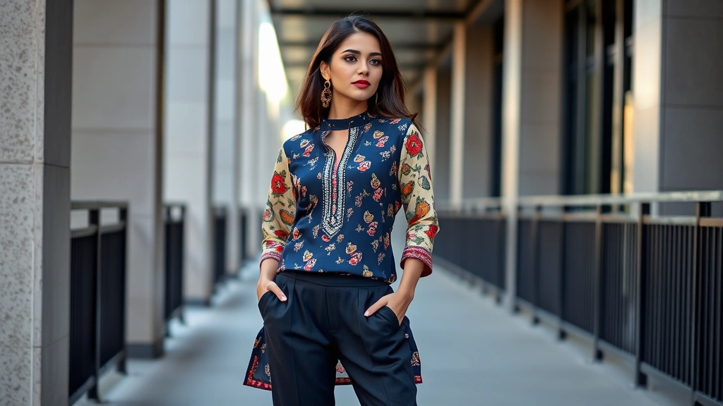 A stylishly dressed woman wearing a modern fusion kurti paired with tailored trousers and statement earrings, posed in a contemporary urban setting, natural daylight, modern Indian fashion aesthetic, confident and poised posture, fashion magazine quality