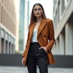 Photorealistic fashion photograph of a woman wearing oversized tailored blazer in warm camel color paired with fitted dark trousers, standing in minimalist urban setting with natural lighting, professional styling, no text or logos visible
