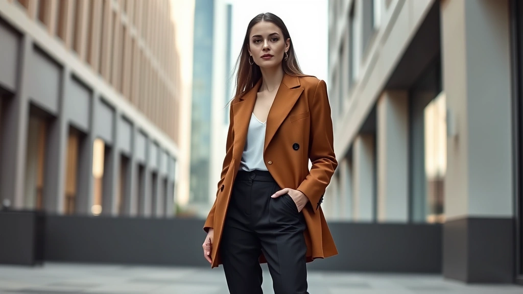 Photorealistic fashion photograph of a woman wearing oversized tailored blazer in warm camel color paired with fitted dark trousers, standing in minimalist urban setting with natural lighting, professional styling, no text or logos visible