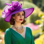 Elegant woman wearing oversized sculptural hat in jewel tone purple, flowing midi dress in emerald green, statement gold necklace, standing in sunlight with blurred garden background, sophisticated Derby day fashion