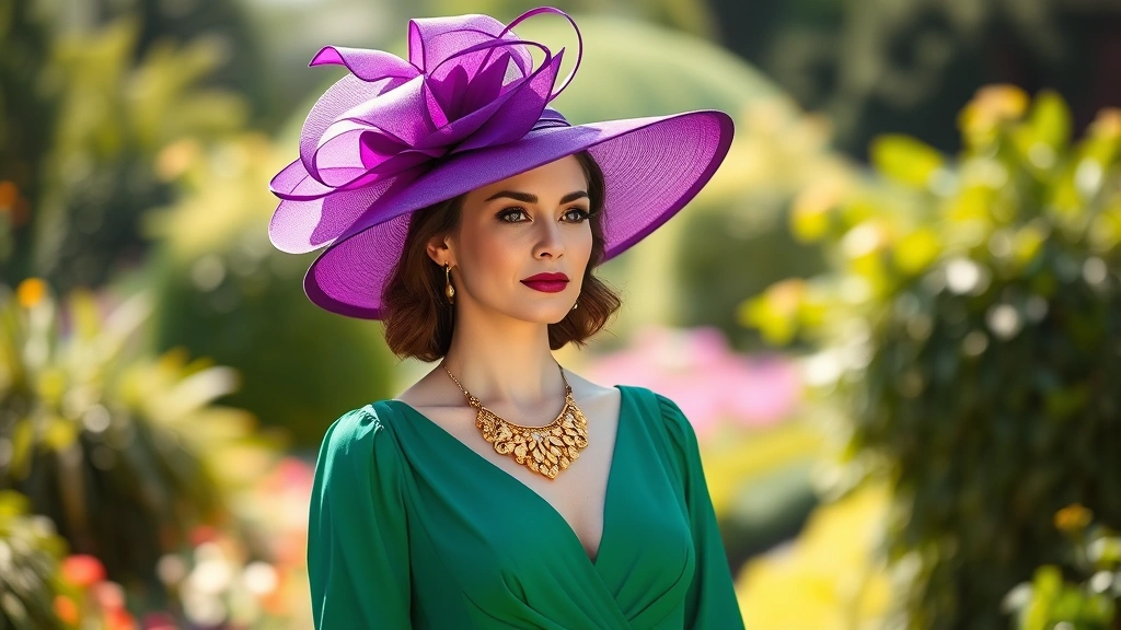 Elegant woman wearing oversized sculptural hat in jewel tone purple, flowing midi dress in emerald green, statement gold necklace, standing in sunlight with blurred garden background, sophisticated Derby day fashion