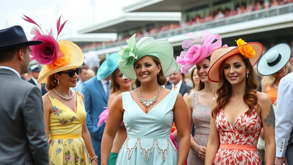 Diverse group of fashionable people at outdoor racing event, wearing colorful formal attire with elaborate hats, pastel and jewel-toned dresses, seersucker suits, celebrating in elegant outdoor venue