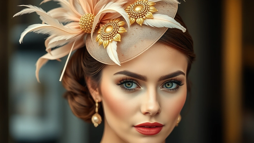 Close-up detail of ornate fascinator with feathers and beading in gold and blush tones, paired with sophisticated updo hairstyle and dewy makeup, professional Derby fashion styling