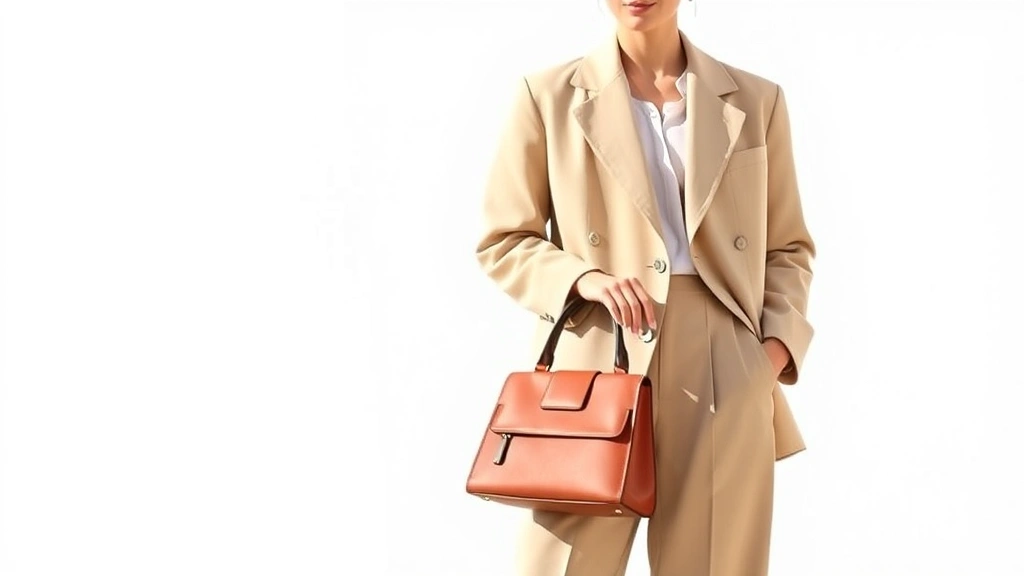 Minimalist fashion styling with oversized tailored blazer in neutral beige, paired with high-waisted trousers and structured leather handbag, photographed in natural daylight against soft white background