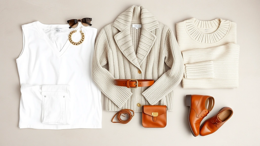 Contemporary wardrobe essentials flat lay including white basics, neutral sweaters, statement accessories, quality leather belt and shoes, arranged on neutral surface showing versatile styling foundation