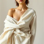 Minimalist fashion photoshoot featuring neutral-toned linen and cotton garments draped elegantly on a model, natural lighting emphasizing fabric texture and quality craftsmanship, earthy tones of cream and soft gray, professional styling with organic aesthetic