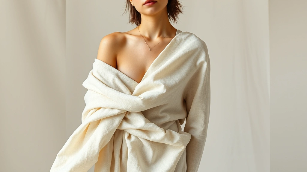 Minimalist fashion photoshoot featuring neutral-toned linen and cotton garments draped elegantly on a model, natural lighting emphasizing fabric texture and quality craftsmanship, earthy tones of cream and soft gray, professional styling with organic aesthetic