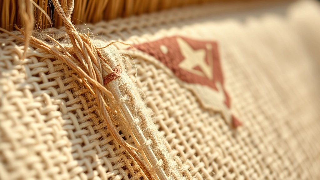 Close-up detail shot of sustainable fabric weaving, showing intricate textile patterns and natural fiber composition, warm natural light highlighting fabric texture, no logos or text visible, artisanal quality emphasis