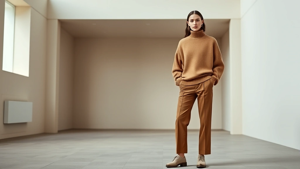 Fashion model wearing coordinated King Birch-inspired outfit including tailored trousers and oversized sweater in earthy palette, standing in minimalist architectural space with soft natural lighting, embodying sophisticated contemporary style