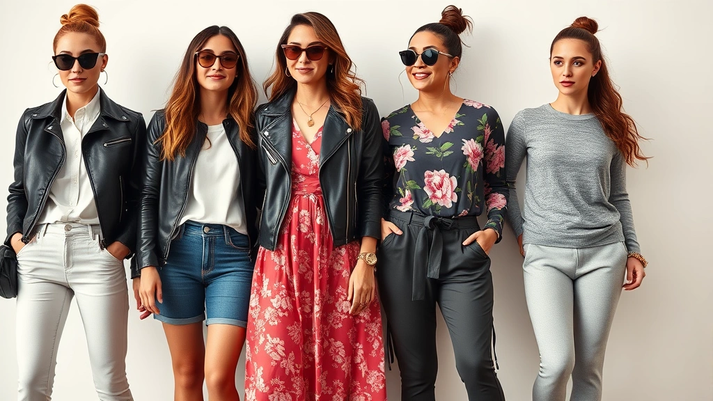 Diverse group of women wearing different fashion styles: one in classic preppy outfit, one in edgy leather jacket, one in romantic floral dress, one in sporty athleisure, showing style variety and confidence