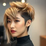 Professional Korean woman with textured wolf cut hairstyle featuring choppy layers and voluminous top, wearing neutral tones, salon setting with soft lighting