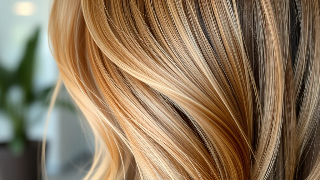 Close-up of lustrous Korean hair with honey butter balayage coloring, dimensional warm and cool tones blending naturally, showing shine and movement against blurred background