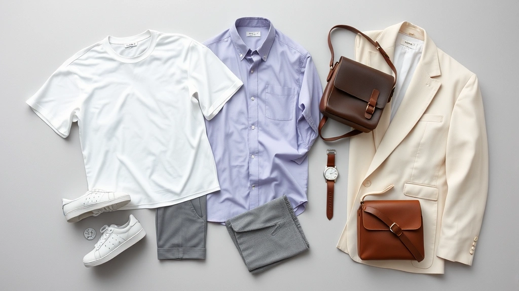 Flat lay of Korean men fashion essentials: white fitted dress shirt, oversized lavender button-up, gray cropped trousers, white sneakers, patterned socks, structured leather crossbody bag, minimal silver watch, and cream blazer arranged artfully on light gray surface