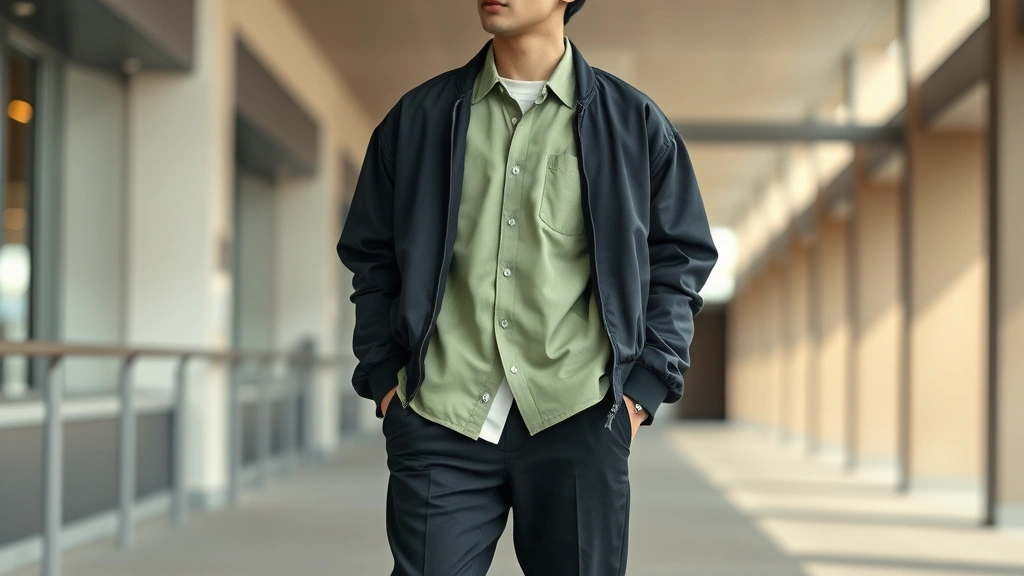 Young man styled in layered Korean fashion wearing fitted cream base layer, oversized sage green shirt worn open as middle layer, structured black bomber jacket as outer layer, paired with black tapered trousers and white socks visible above sneakers, photographed in modern urban setting with natural lighting