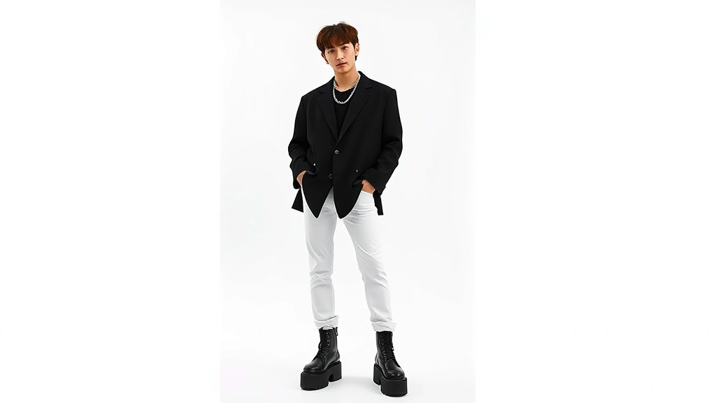 K-pop idol wearing oversized monochromatic black blazer with fitted white trousers, chunky platform boots, and statement silver chain necklace, standing against minimalist white background, fashion photography style