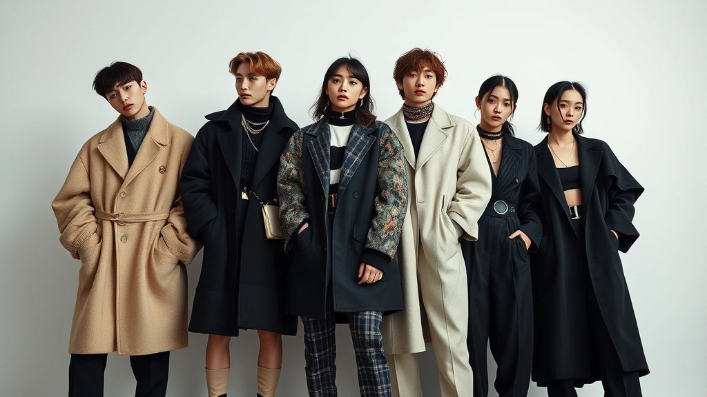 K-pop group styling concept: coordinated but individualized outfits featuring mixed textures, oversized and fitted pieces, statement accessories, androgynous silhouettes, high-fashion editorial aesthetic
