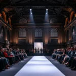 Elegant fashion show setup in historic London venue with runway, dramatic lighting, and sophisticated audience in formal attire seated on either side