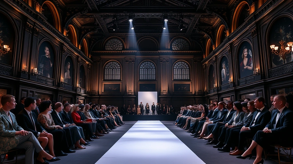 Elegant fashion show setup in historic London venue with runway, dramatic lighting, and sophisticated audience in formal attire seated on either side