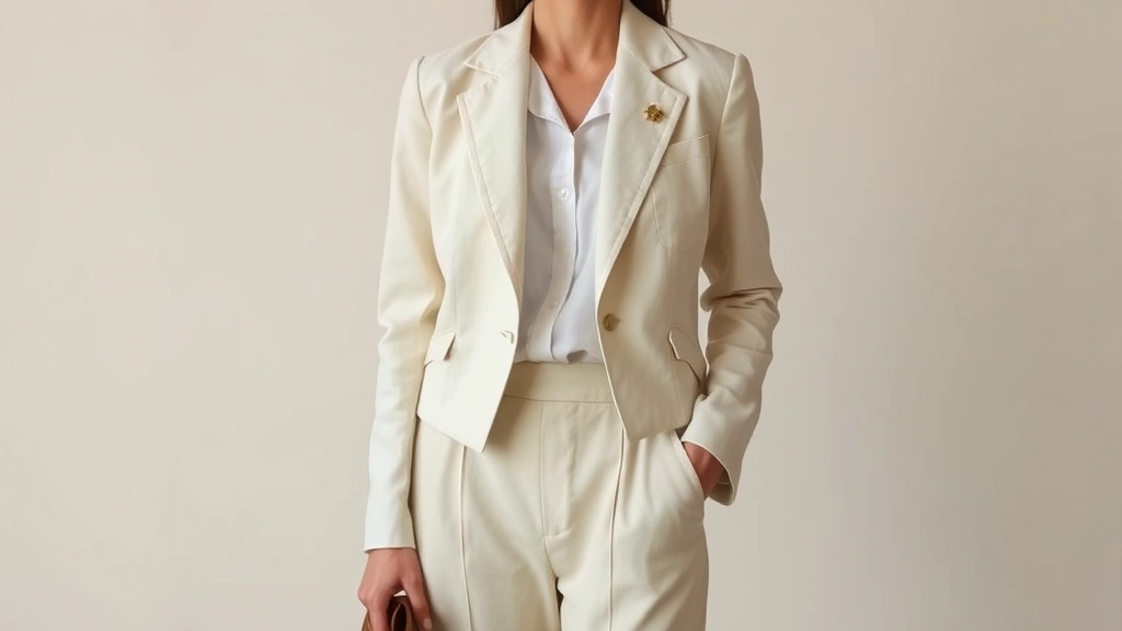Woman wearing a high-waisted cream linen blazer over a white silk button-down shirt tucked into vintage-inspired tailored trousers, styled with a delicate gold brooch and holding a structured leather handbag, photographed against a soft neutral background