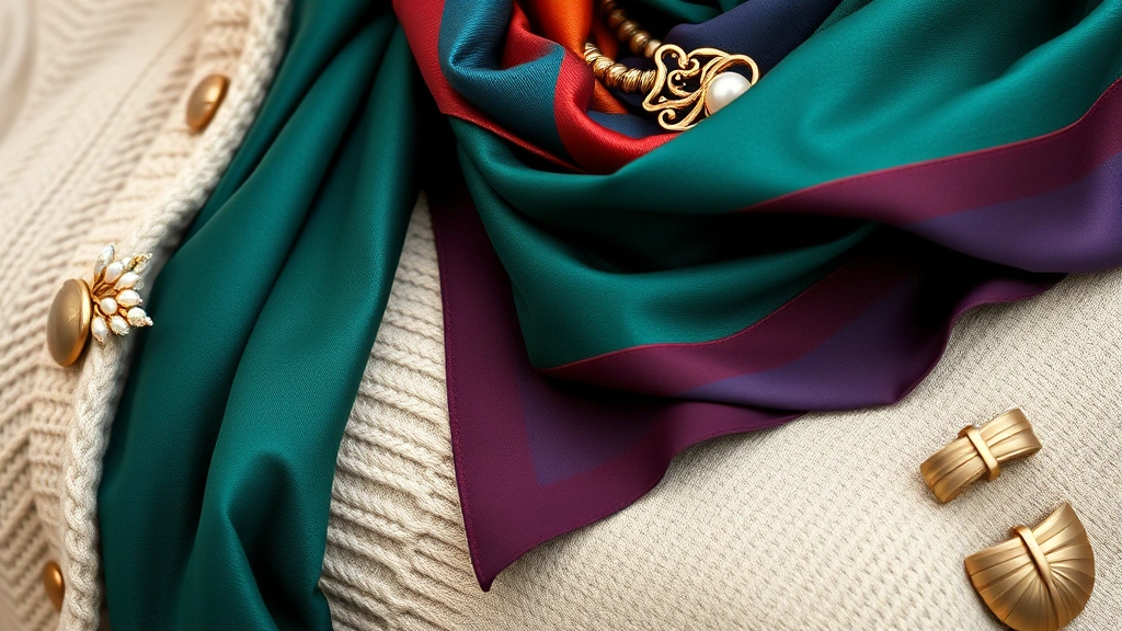 Close-up of vintage-inspired fashion details: a pearl brooch on a wool cardigan, vintage silk scarves in jewel tones draped artfully, antique gold jewelry pieces, and quality leather accessories arranged on soft linen fabric