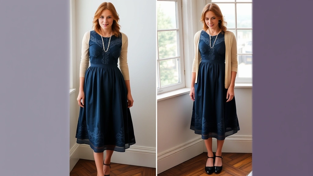 Woman wearing a vintage-inspired navy A-line dress with delicate lace details, paired with a cream cardigan, vintage pearl necklace, and classic Mary Jane heels, standing in natural window light with an elegant, timeless aesthetic