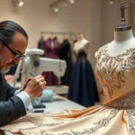 High-end luxury fashion atelier workspace with master tailors hand-stitching intricate beadwork on silk evening gown, showcasing artisanal craftsmanship and heritage techniques