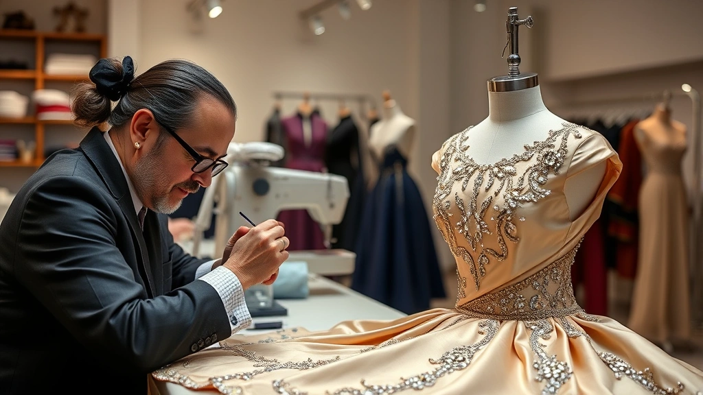 High-end luxury fashion atelier workspace with master tailors hand-stitching intricate beadwork on silk evening gown, showcasing artisanal craftsmanship and heritage techniques