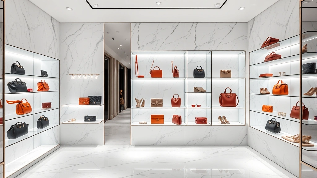 Elegant luxury boutique interior featuring minimalist white marble shelving displaying curated designer accessories, handbags, and footwear with dramatic lighting
