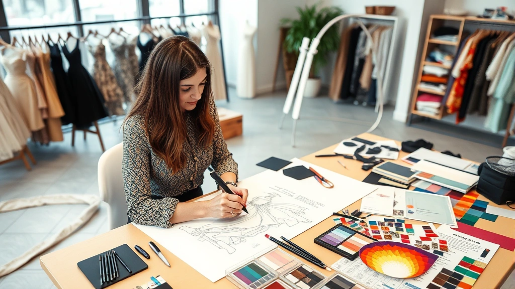 Fashion designer sketching bespoke gown designs at drafting table surrounded by fabric swatches, color palettes, and design inspiration materials in modern studio