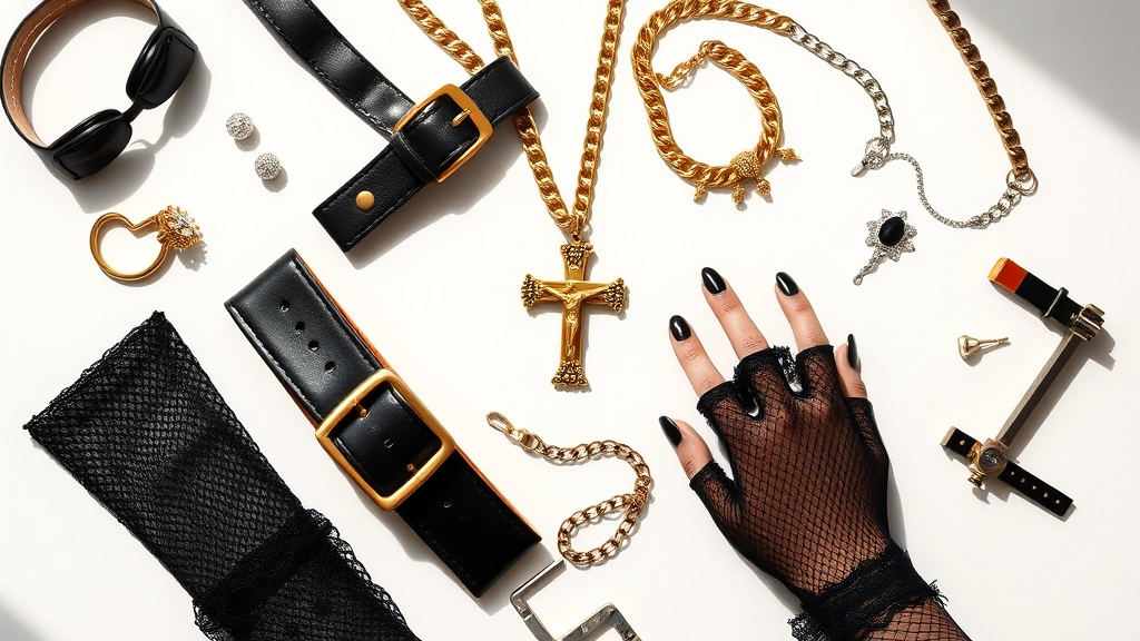 Styled flat lay of 1980s Madonna fashion essentials: black leather belt with prominent buckle, oversized gold crucifix necklace, layered chain jewelry, black fishnet stockings, lace fingerless gloves, studded accessories, dark nail polish visible, arranged artistically on white surface with dramatic shadows