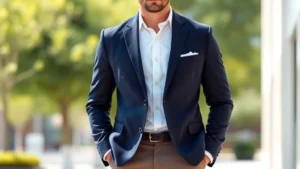 Stylish man wearing well-fitted navy blazer, white button-down shirt, and tailored chinos standing confidently in natural daylight, professional grooming and polished appearance