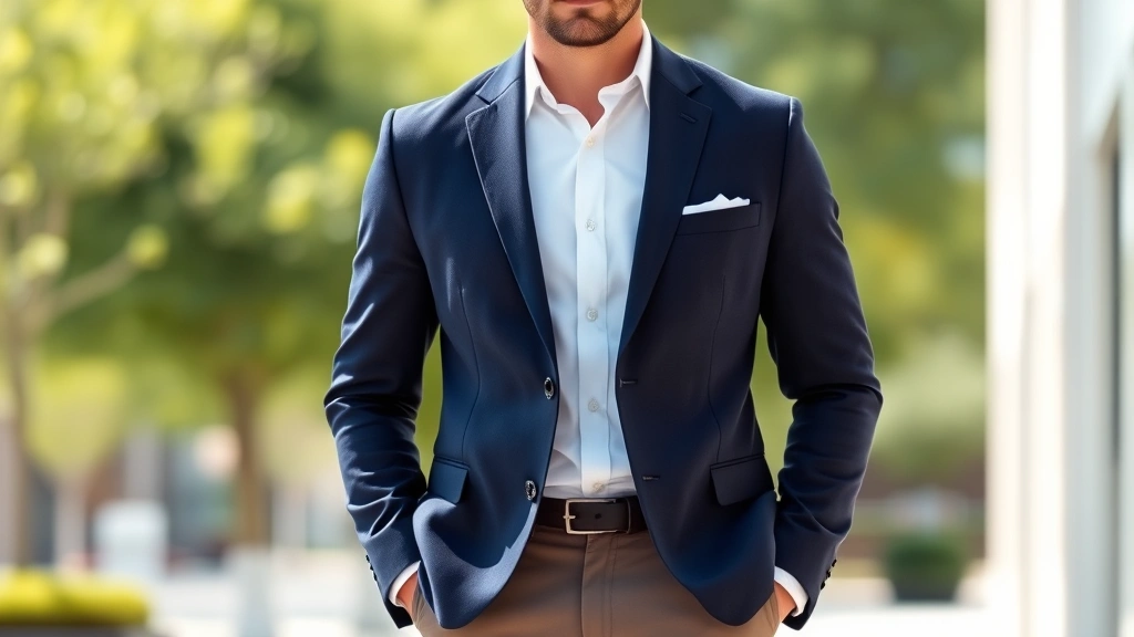 Stylish man wearing well-fitted navy blazer, white button-down shirt, and tailored chinos standing confidently in natural daylight, professional grooming and polished appearance