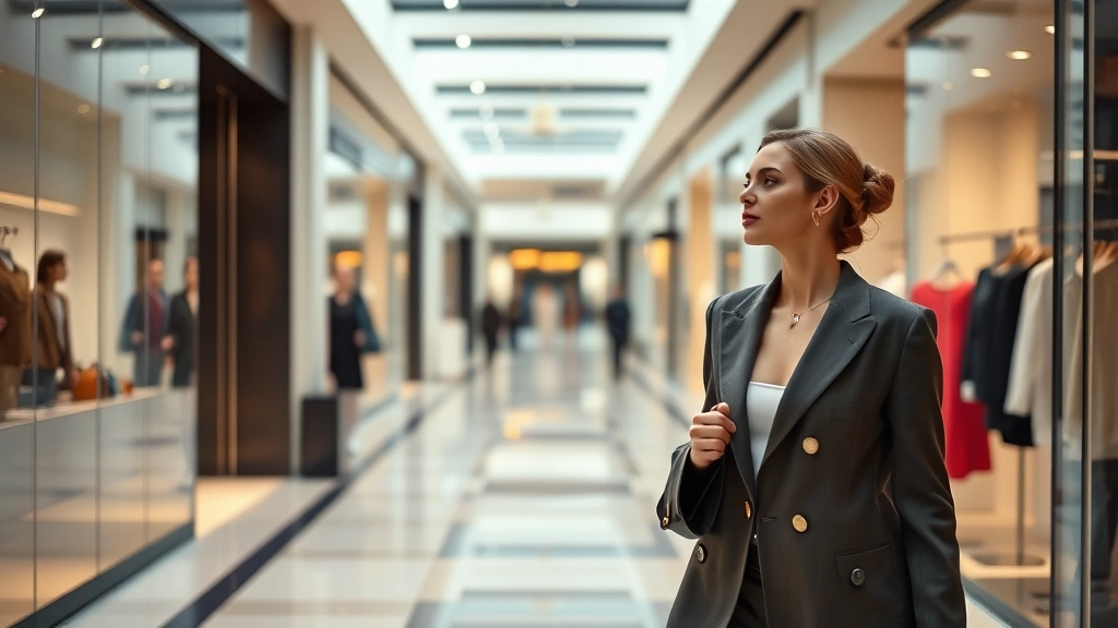 High-fashion woman browsing luxury boutiques in modern mall corridor, wearing tailored blazer and minimalist accessories, soft natural lighting, sophisticated ambiance