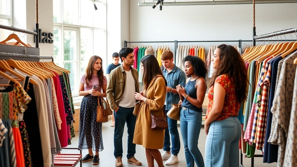 Diverse group of shoppers examining colorful clothing displays in contemporary fashion retail space, trying on sustainable garments, bright natural light, inclusive community atmosphere