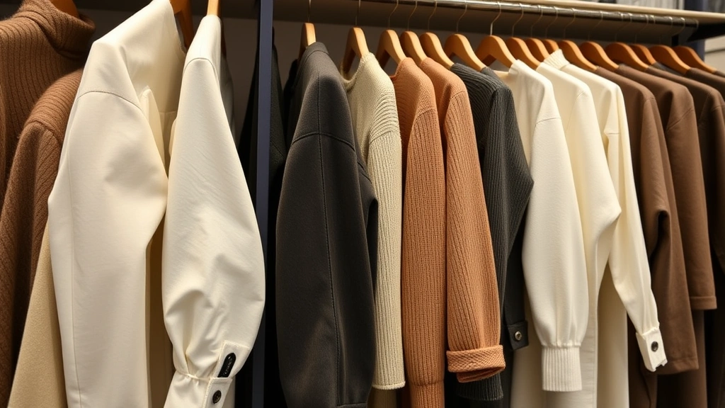 Close-up of curated fashion collection featuring neutral tones, luxury textures, and quality craftsmanship on display shelves, minimalist styling aesthetic, professional retail presentation