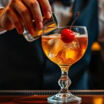 Professional mixologist carefully stirring a Manhattan cocktail in crystal mixing glass with ice, elegant coupe glass waiting, soft bar lighting, close-up of amber liquid and cherry garnish, sophisticated atmosphere