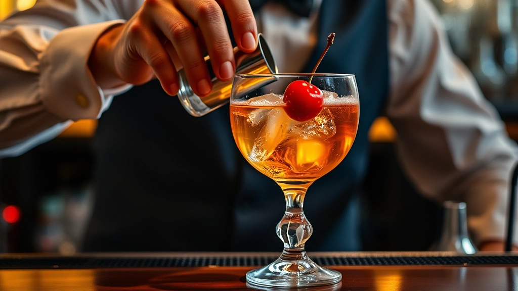 Professional mixologist carefully stirring a Manhattan cocktail in crystal mixing glass with ice, elegant coupe glass waiting, soft bar lighting, close-up of amber liquid and cherry garnish, sophisticated atmosphere