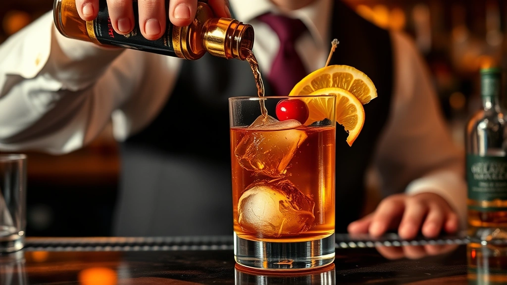 Bartender crafting an Old Fashioned directly in rocks glass, muddling sugar with bitters, large ice cube visible, warm golden whiskey pouring, cherry and citrus peel garnish, intimate bar setting with warm lighting