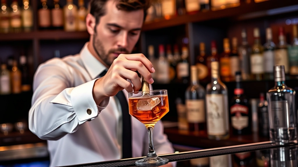 Professional bartender expertly stirring a Manhattan cocktail with ice in mixing glass, wearing crisp white shirt, focused concentration, upscale bar setting with ambient lighting, premium spirits visible