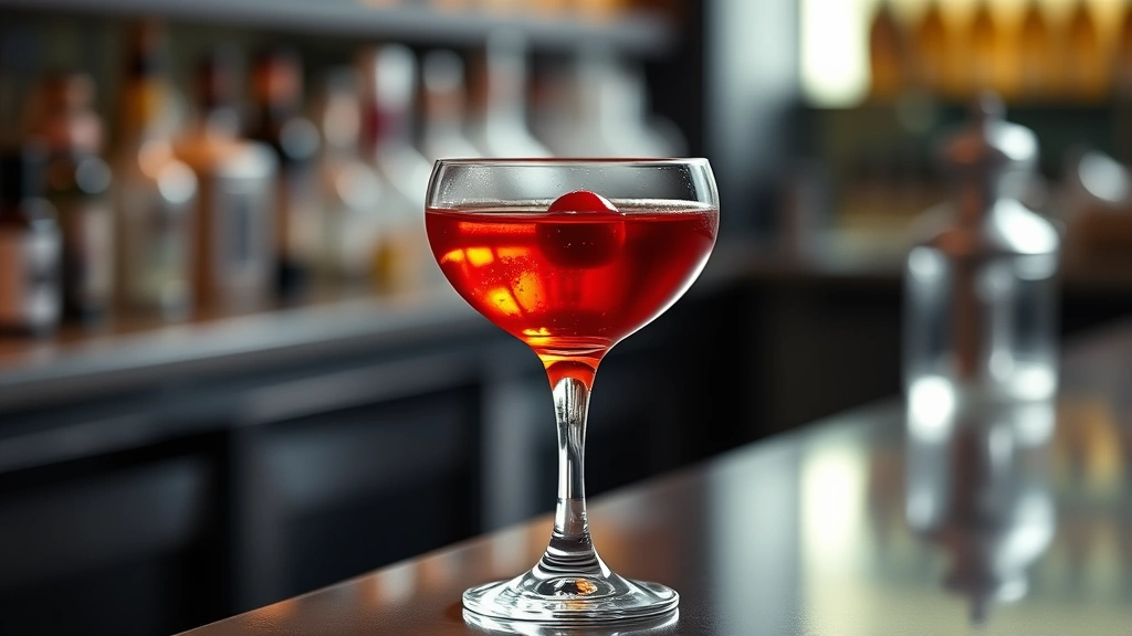 Elegant coupe glass containing amber Manhattan cocktail with cherry garnish, soft backlighting highlighting the drink's color, sophisticated bar counter background, minimalist aesthetic
