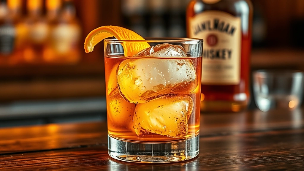 Rustic rocks glass with Old Fashioned cocktail over large ice cube, orange peel twist garnish, warm overhead lighting, wooden bar surface, whiskey bottle blurred in background, masculine refinement