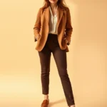 Woman wearing camel wool blazer, cream silk blouse, tailored chocolate brown trousers, cognac leather loafers, standing in warm autumn light with neutral background