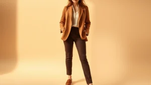 Woman wearing camel wool blazer, cream silk blouse, tailored chocolate brown trousers, cognac leather loafers, standing in warm autumn light with neutral background