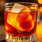 Close-up of amber maple old fashioned cocktail in crystal rocks glass with large ice cube and orange twist garnish, warm golden lighting highlighting maple syrup color and citrus oils