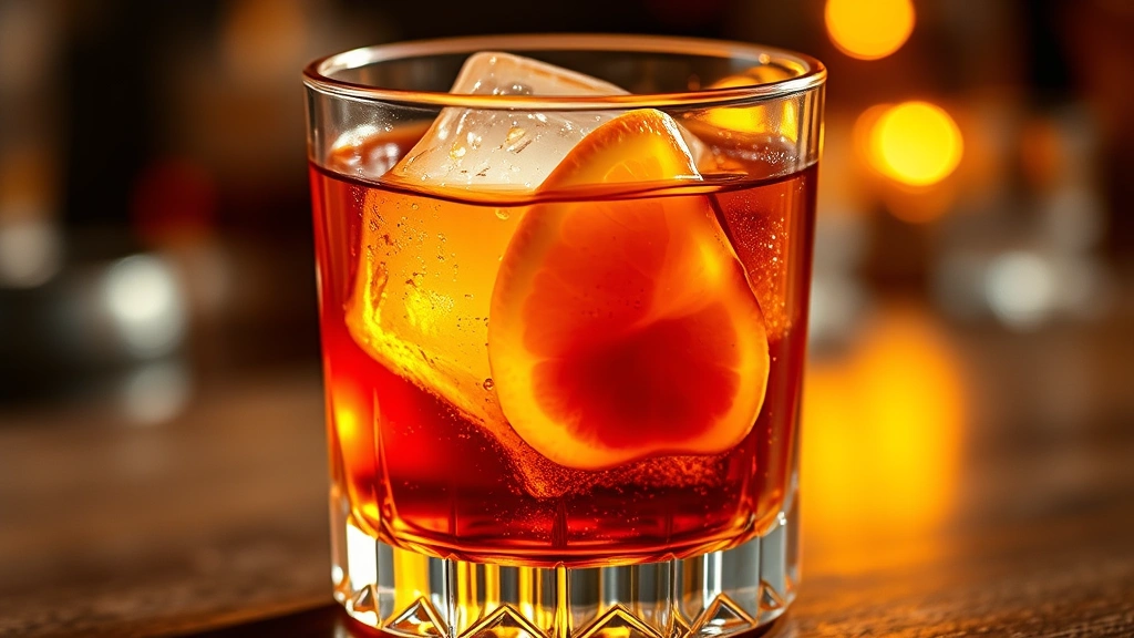 Close-up of amber maple old fashioned cocktail in crystal rocks glass with large ice cube and orange twist garnish, warm golden lighting highlighting maple syrup color and citrus oils